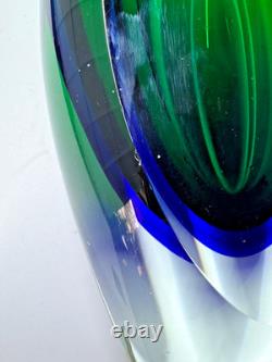 Vintage MURANO Art Glass Sommerso Green Blue Vase Heavy 8.5 Tall