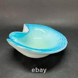 Vintage MURANO Cased Art Glass SKY BLUE WHITE GOLD FLAKES Bubbles Bowl BARBINI