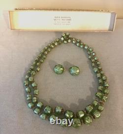 Vintage MURANO GLASS NECKLACE & CLIP EARRINGS Venetian Green Gold-Mario Sanzogno