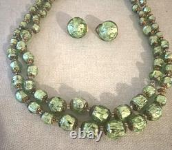 Vintage MURANO GLASS NECKLACE & CLIP EARRINGS Venetian Green Gold-Mario Sanzogno