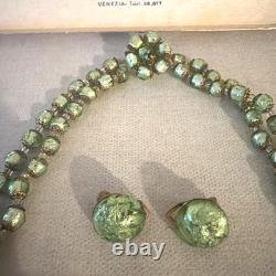 Vintage MURANO GLASS NECKLACE & CLIP EARRINGS Venetian Green Gold-Mario Sanzogno