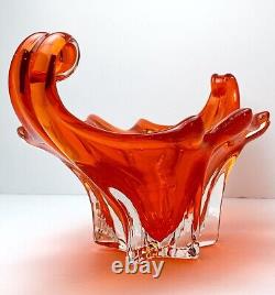 Vintage MURANO Glass Bowl Centerpiece Cristallo Venezia JiCo Sommerso Red Orange