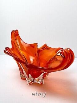 Vintage MURANO Glass Bowl Centerpiece Cristallo Venezia JiCo Sommerso Red Orange