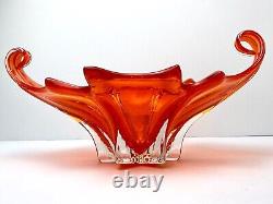 Vintage MURANO Glass Bowl Centerpiece Cristallo Venezia JiCo Sommerso Red Orange