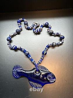 Vintage MURANO Glass Ocean Huge Fish Cobalt Blue Water Necklace