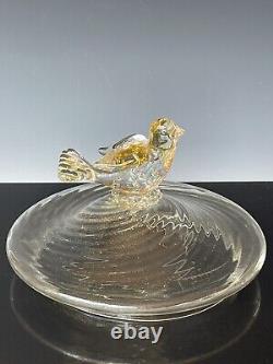 Vintage MURANO VENETIAN Art Glass Covered CANDY Dish Gold Flecks Bird Figurine