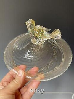 Vintage MURANO VENETIAN Art Glass Covered CANDY Dish Gold Flecks Bird Figurine