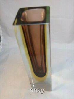 Vintage Mandruzzato Murano Italy Purple & Clear Vase VM Handworked With Stickers