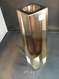 Vintage Mandruzzato Murano Italy Purple & Clear Vase VM Handworked With Stickers