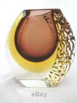 Vintage Mandruzzato Murano sommerso textured block glass vase chocolate, amber
