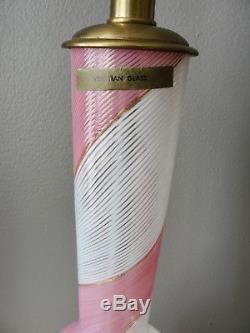 Vintage Marbro Venetian Murano Blown Art Glass Pink White Gold Brass Table Lamp
