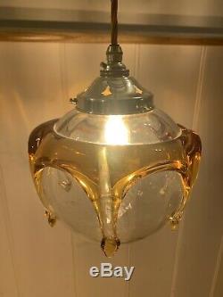 Vintage Mazzega Murano Globe Pendant, Amber Drips, Retro Handmade Glass