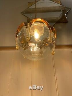 Vintage Mazzega Murano Globe Pendant, Amber Drips, Retro Handmade Glass