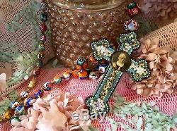Vintage Micro Mosaic Cross withMurano Millefiori Art Glass Beaded Necklace