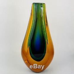 Vintage Mid Century Italian Murano Art Glass Sommerso Vase Blue and Yellow 11