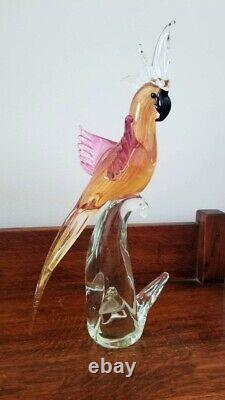Vintage Mid Century Modern Murano Glass Gold Aventurine Pink Cockatoo Bird sgd