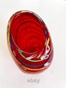 Vintage Mid Century Murano Art Glass Hand Blown Vase Red Swirl Heavy 8