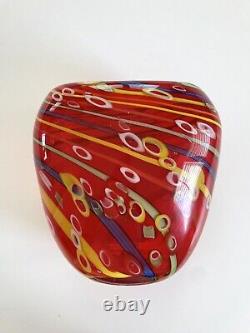 Vintage Mid Century Murano Art Glass Hand Blown Vase Red Swirl Heavy 8