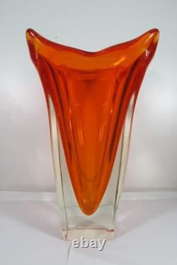 Vintage Mid-century Modern Huge Murano Sommerso Art Glass Square Orange Vase 14