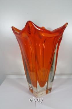 Vintage Mid-century Modern Huge Murano Sommerso Art Glass Square Orange Vase 14