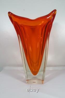 Vintage Mid-century Modern Huge Murano Sommerso Art Glass Square Orange Vase 14