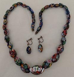 Vintage Millefiori Glass Bead Necklace & Earrings Murano 21.5 Inch 97 Grams