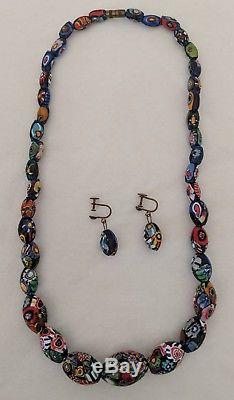 Vintage Millefiori Glass Bead Necklace & Earrings Murano 21.5 Inch 97 Grams