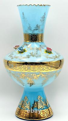 Vintage Murano 15 Lt. Blue Glass With24KT Gold Accent + 3D Roses Art Glass Vase