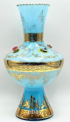 Vintage Murano 15 Lt. Blue Glass With24KT Gold Accent + 3D Roses Art Glass Vase