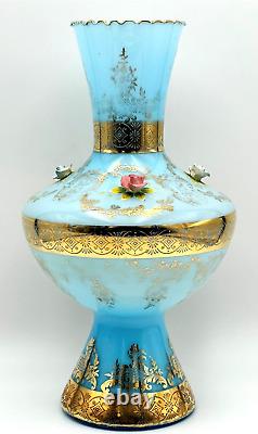 Vintage Murano 15 Lt. Blue Glass With24KT Gold Accent + 3D Roses Art Glass Vase