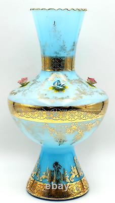 Vintage Murano 15 Lt. Blue Glass With24KT Gold Accent + 3D Roses Art Glass Vase