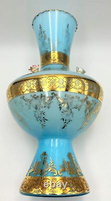 Vintage Murano 15 Lt. Blue Glass With24KT Gold Accent + 3D Roses Art Glass Vase