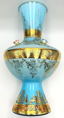 Vintage Murano 15 Lt. Blue Glass With24KT Gold Accent + 3D Roses Art Glass Vase