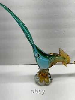 Vintage Murano 2 Art Glass Pheasant Roadrunners Perfect 11 & 10 MCM no label