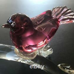 Vintage Murano Alfred Barbini Pink Sommerso bird ON A BRANCH Gold Fleck