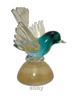 Vintage Murano Alfredo Barbini Art Glass Bird Figurine Teal & Gold Fleck Base