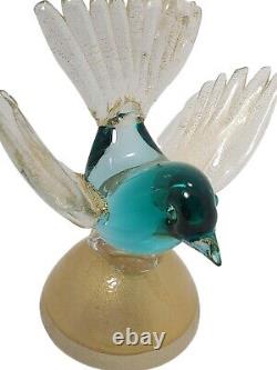 Vintage Murano Alfredo Barbini Art Glass Bird Figurine Teal & Gold Fleck Base