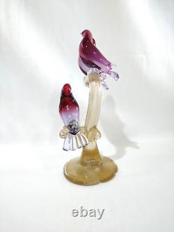 Vintage Murano Alfredo Barbini Glass 3 Birds on Branch Cranberry and Gold