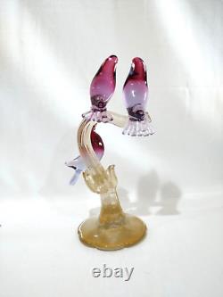 Vintage Murano Alfredo Barbini Glass 3 Birds on Branch Cranberry and Gold