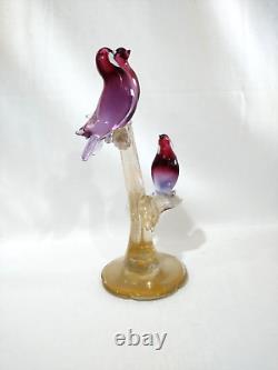 Vintage Murano Alfredo Barbini Glass 3 Birds on Branch Cranberry and Gold