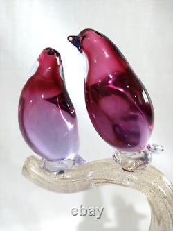 Vintage Murano Alfredo Barbini Glass 3 Birds on Branch Cranberry and Gold