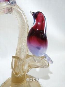 Vintage Murano Alfredo Barbini Glass 3 Birds on Branch Cranberry and Gold