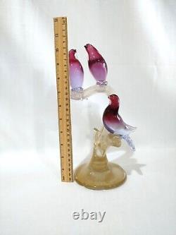 Vintage Murano Alfredo Barbini Glass 3 Birds on Branch Cranberry and Gold