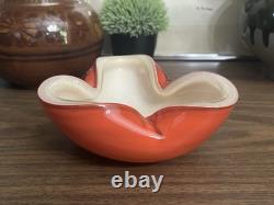Vintage Murano Alfredo Barbini Orange Gold White Triple Cased Art Glass Bowl MCM