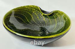 Vintage Murano Alfredo Barbini Sommerso Bowl Olive Green Swirled Gold Leaf Fleck