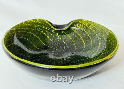 Vintage Murano Alfredo Barbini Sommerso Bowl Olive Green Swirled Gold Leaf Fleck