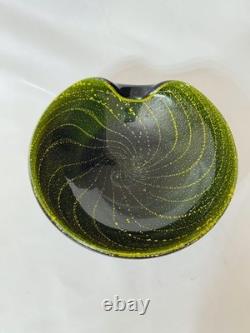 Vintage Murano Alfredo Barbini Sommerso Bowl Olive Green Swirled Gold Leaf Fleck