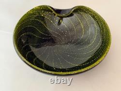 Vintage Murano Alfredo Barbini Sommerso Bowl Olive Green Swirled Gold Leaf Fleck