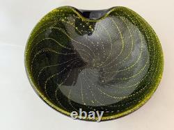Vintage Murano Alfredo Barbini Sommerso Bowl Olive Green Swirled Gold Leaf Fleck