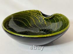 Vintage Murano Alfredo Barbini Sommerso Bowl Olive Green Swirled Gold Leaf Fleck
